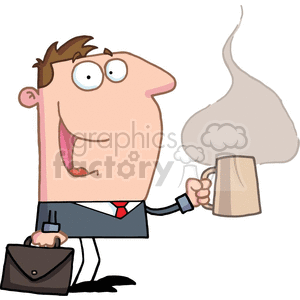 business man coffee cup steaming guy work office suit cartoon salesman employee lawyer