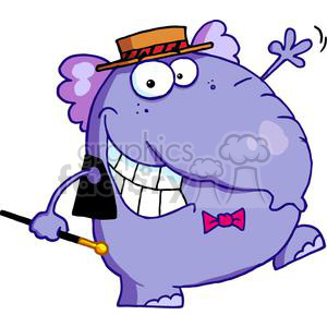 Blue elephant dancing with hat and cane clipart.