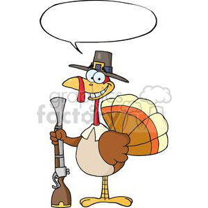 Happy-Turkey-Pilgrim-With-Hat-and-Musket-With-Speech-Bubble clipart.