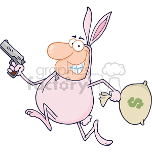 man dressed in a bunny suit robbing a bank clipart.