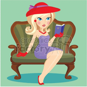 cartoon vector girl girls women cute pretty lady red hat hats society reading relaxing couch bachelorette stay+home