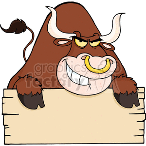 4368-Angry-Bull-Looking-Over-A-Blank-Wood-Sign clipart. Royalty-free image # 382374