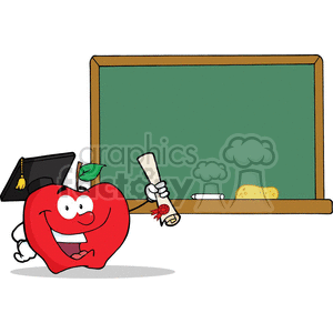 4305-Graduate-Apple-Character-Holding-A-Diploma-In-Front-Of-School-Chalk-Board clipart. Royalty-free image # 382379