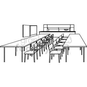 Black and white outline of a classroom with tables and chairs clipart.