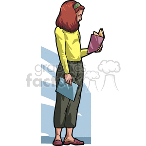 clipart - Cartoon girl studying assignment notes.