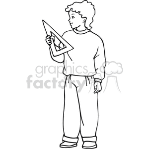 Black and white outline of a boy holding a measuring triangle clipart. Royalty-free image # 382618