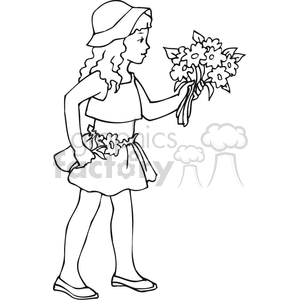 Black and white outline of a girl holding a bouquet of flowers  clipart.