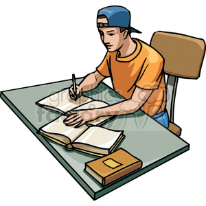 clipart - Cartoon student studying at his desk.