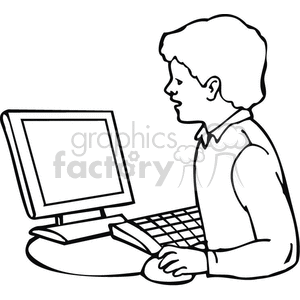 Black and white outline of a boy searching for information on the internet  clipart.