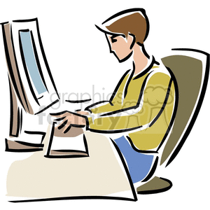 Cartoon student typing at a computer 