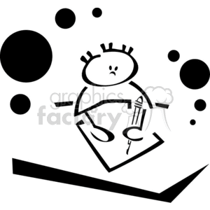 Black and white outline of a little boy learning  clipart.