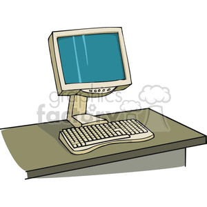 clipart - Cartoon computer monitor with keyboard .