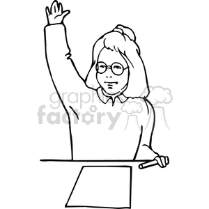clipart - Black and white outline of a student raising her hand .