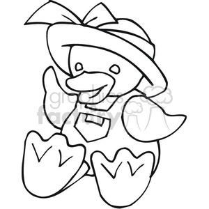 Black and white outline of a duck with overalls hat clipart.
