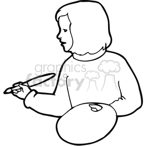 clipart - Black and white outline of a woman student painting .