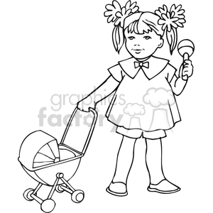 Black and white outline of a little girl with a baby stoller  clipart.