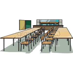 clipart - Realistic classroom with tables and chairs .