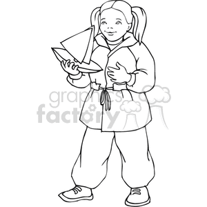 Black and white outline of a little girl with a sailboat  clipart.