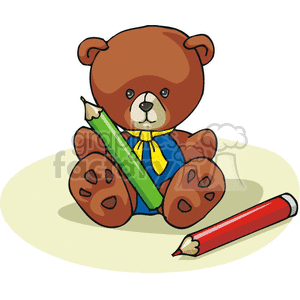 Cartoon teddy bear with a red and green crayon clipart.