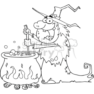 black and white witch brewing her magic clipart.