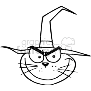 The black and white image shows a cartoon illustration of a cat with a witch hat on, giving it an evil and spooky look. The cat is depicted in a comical and humorous way, with exaggerated features such as its oversized head and wide eyes. The image is a vector graphic, which means it can be scaled up or down without losing quality. 