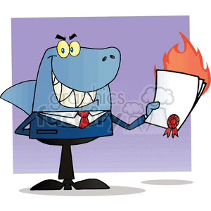 clipart - cartoon business shark with a flaming contract.