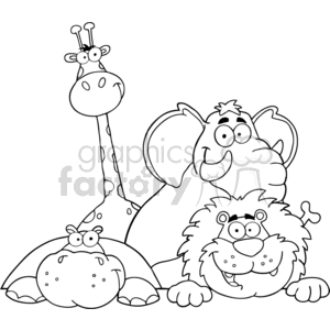 The clipart image shows four comical cartoon animals found in the jungle: an elephant, a hippo, a lion, and a giraffe. The image is in black and white and is suitable for coloring. This could be used as a coloring page for children or as a decorative element in a zoo-themed project. It's a vector file, which means it can be scaled to different sizes without losing quality.
