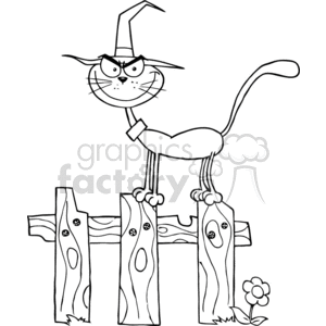 black and white cat on a wooden fence clipart.