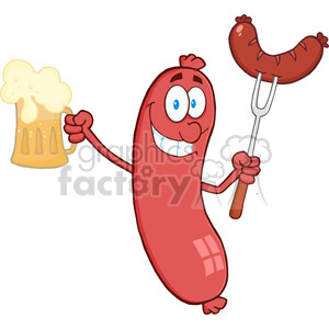 Cartoon-Character-Sausage-Holding-Beer-And-Sausage-On-A-Fork clipart. Royalty-free image # 386481