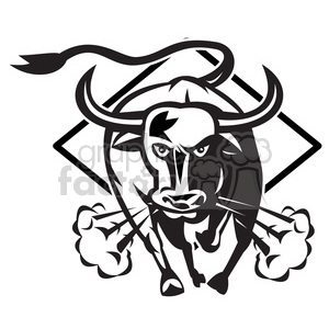 black and white bull charging front clipart.