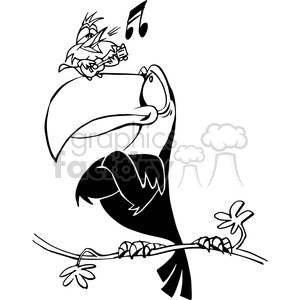 tucan listening to a small bird sing in black and white clipart.