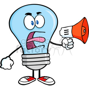 6071 Royalty Free Clip Art Angry Blue Light Bulb Cartoon Character Screaming Into Megaphone clipart.