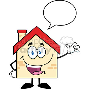 6467 Royalty Free Clip Art Happy House Cartoon Mascot Character Waving For Greeting With Speech Bubble clipart.