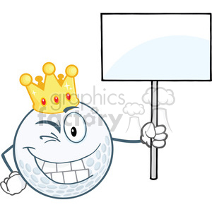 6489 Royalty Free Clip Art Winking Golf Ball With Gold Crown Holding A Blank Sign clipart.