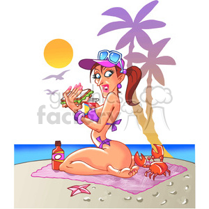 clipart - female on the beach with a crab.