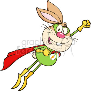 Royalty Free RF Clipart Illustration Brown Rabbit Superhero Cartoon Character Flying clipart.