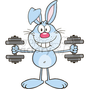 clipart - Royalty Free RF Clipart Illustration Smiling Blue Rabbit Cartoon Character Training With Dumbbells.