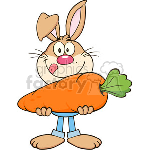 Royalty Free RF Clipart Illustration Hungry Rabbit Cartoon Character Holding A Big Carrot clipart.