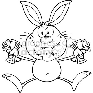 Royalty Free RF Clipart Illustration Black And White Rich Rabbit Cartoon Character Jumping With Cash clipart.