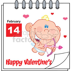 Royalty Free RF Clipart Illustration Happy Valentines Day Calendar With Cute Baby Cupid Flying With Bow And Arrow clipart.