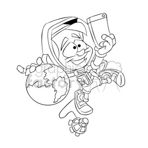 clipart - astronaut taking a selfie in black and white.