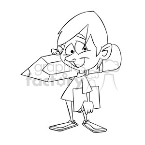 clipart - boy holding a large pencil black and white.