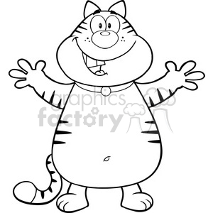 Royalty Free RF Clipart Illustration Black And White Happy Cat Cartoon Mascot Character With Open Arms For Hugging clipart.