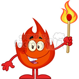 Royalty Free RF Clipart Illustration Happy Fire Cartoon Mascot Character Holding Up A Flaming Match clipart.