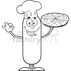 8481 Royalty Free RF Clipart Illustration Black And White Chef Sausage Cartoon Character Holding A Pizza Vector Illustration Isolated On White clipart.