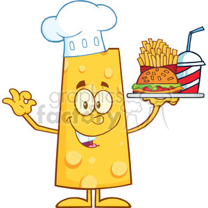 clipart - 8514 Royalty Free RF Clipart Illustration Chef Cheese Cartoon Character Holding A Platter With Burger, French Fries And A Soda Vector Illustration Isolated On White.