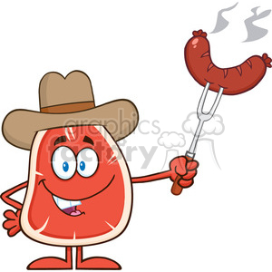 8405 Royalty Free RF Clipart Illustration Cowboy Steak Cartoon Mascot Character Holding Up A Sausage Vector Illustration Isolated On White clipart.