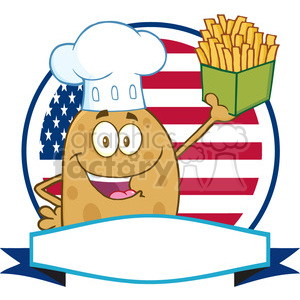 8800 Royalty Free RF Clipart Illustration Chef Potato Cartoon Character Over A Circle Blank Banner In Front Of Flag Of USA Vector Illustration Isolated On White clipart.