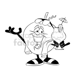 clipart - cartoon coconut character mascot charlie on vacation black white.