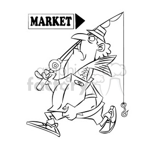 stan the cartoon fishing character buying fish from the market black white clipart. Commercial use image # 397794